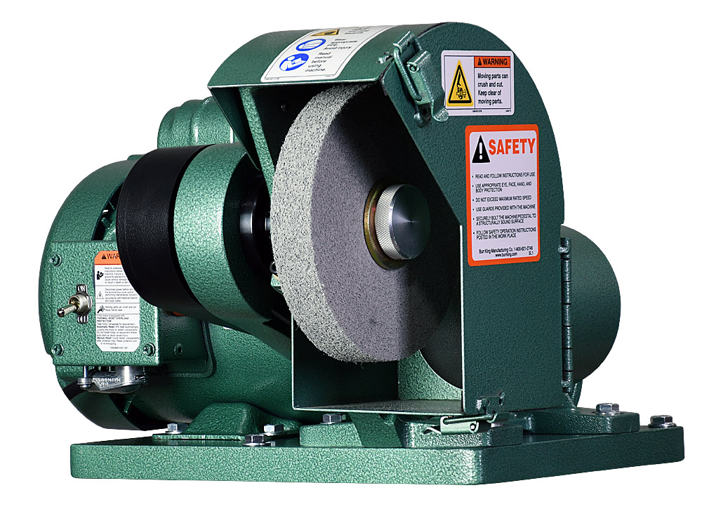 60100 - Model 600 polishing lathe / buffer shown with optional 1` wide Scotchbrite deburring wheel and DS6 dust scoop.